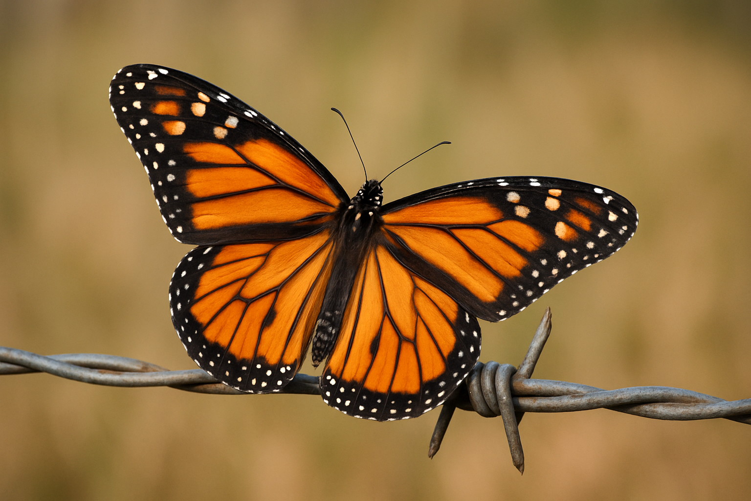 Monarch butterfly sits on barbwire
