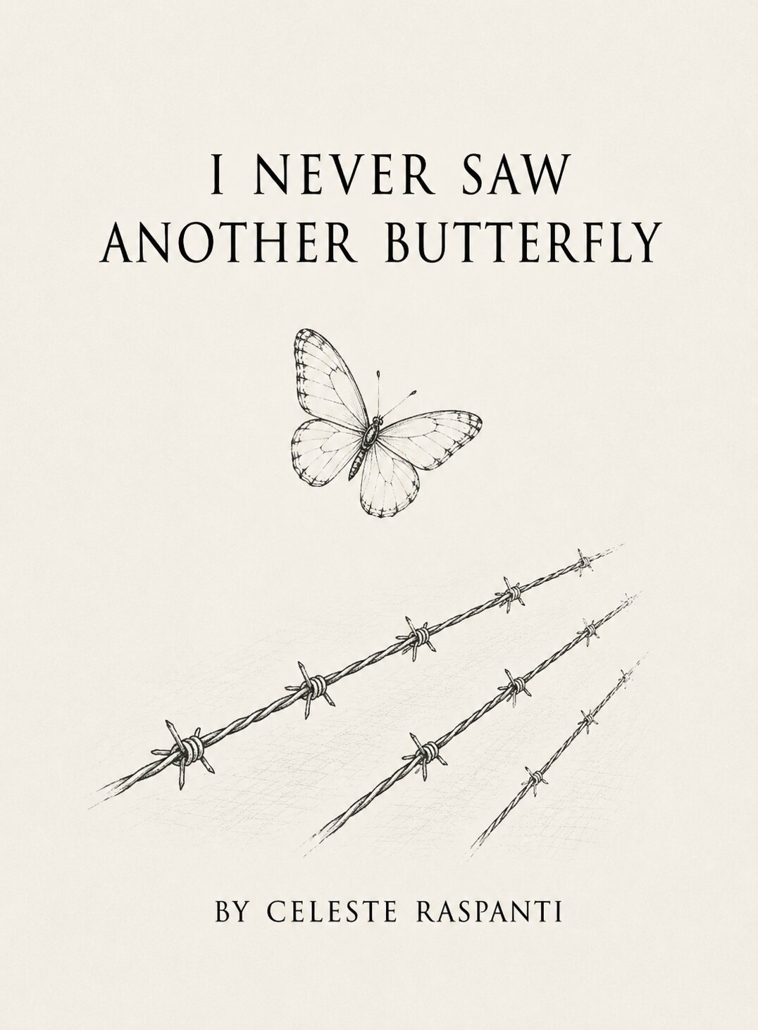 Book cover for I Never Saw Another Butterfly by Celeste Raspanti, featuring a delicate black-and-white sketch of a butterfly above strands of barbed wire.