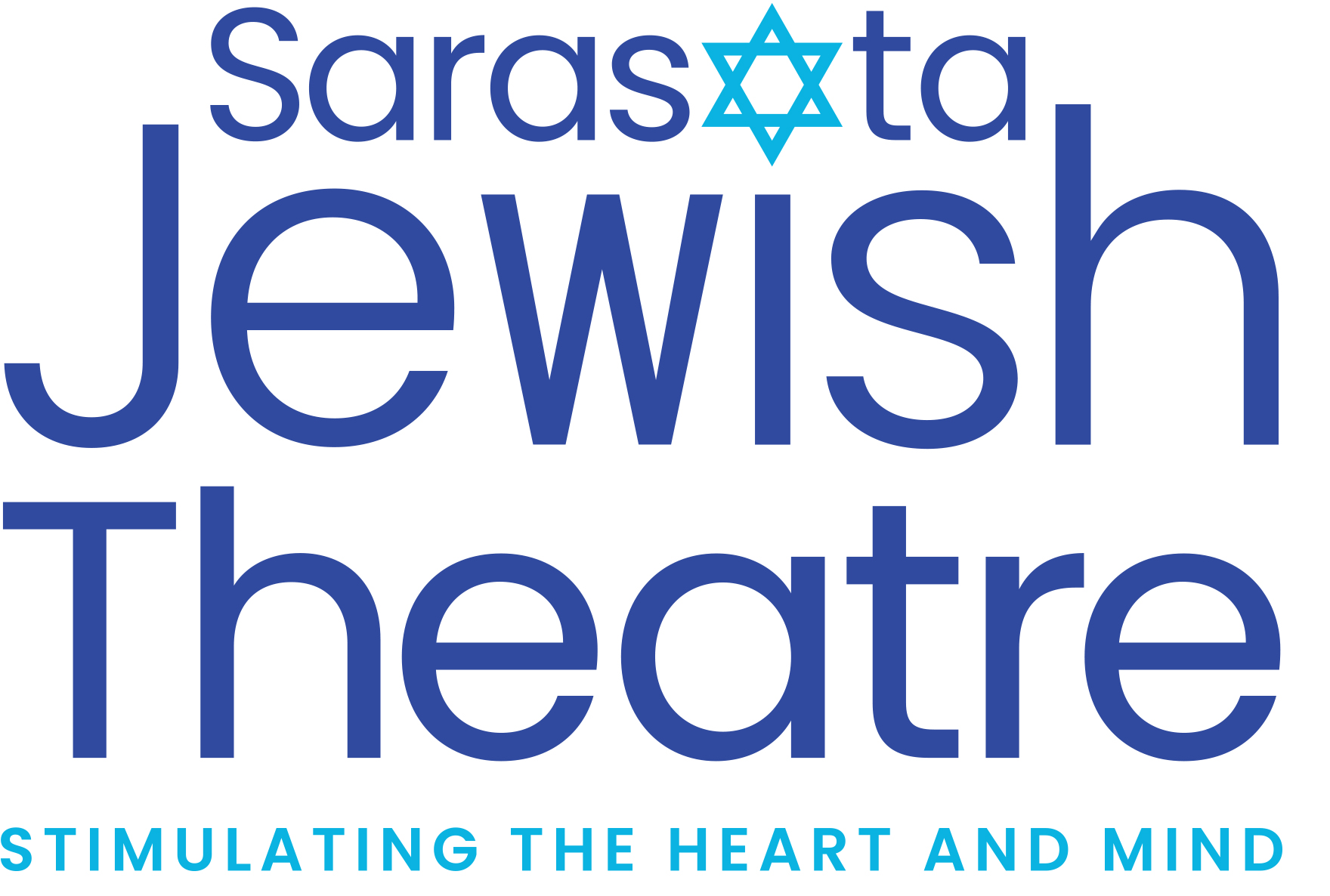 Sarasota Jewish Theatre logo featuring large blue text on a black background, with a turquoise Star of David replacing the “o” in Sarasota and the tagline “Stimulating the Heart and Mind” below.