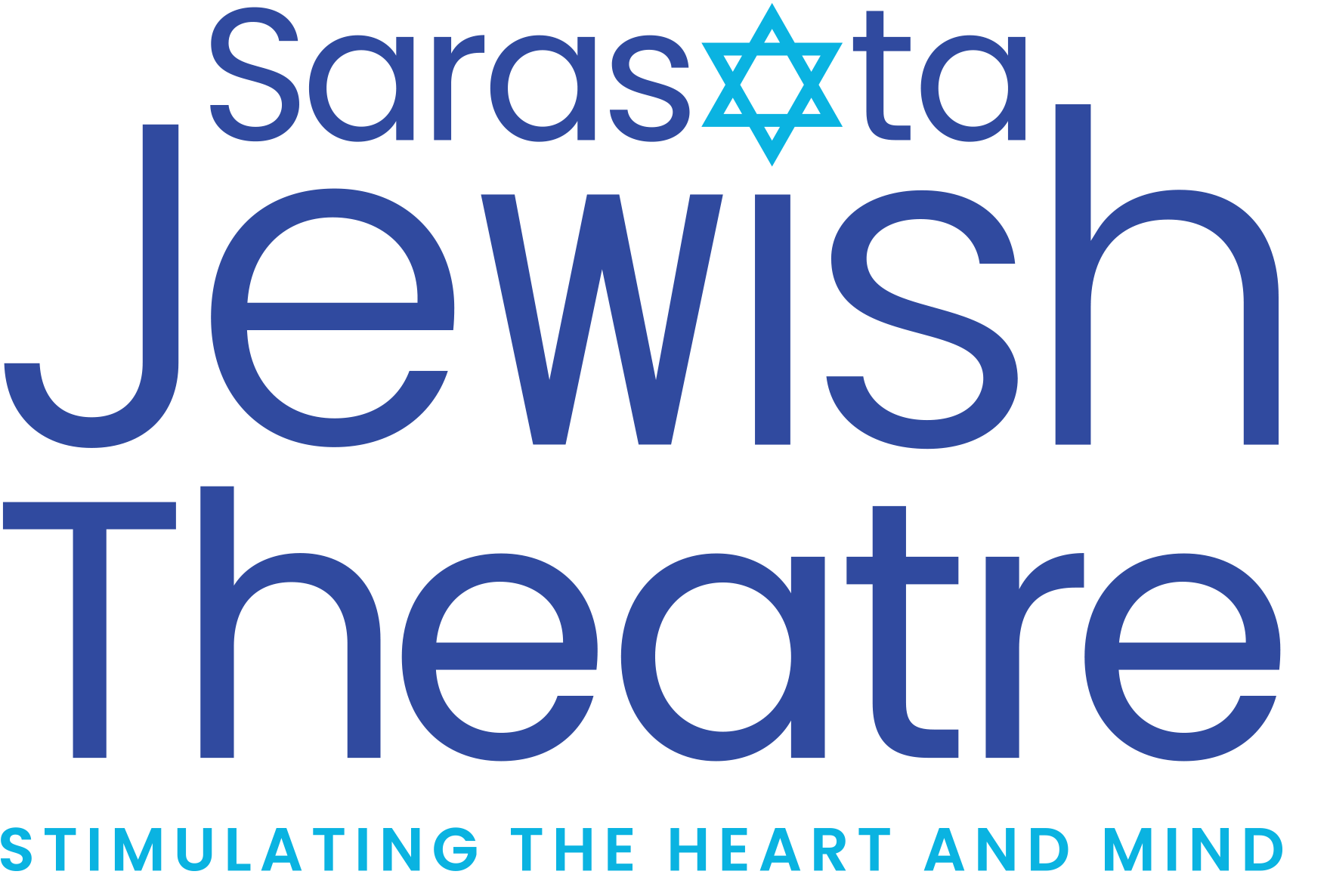Sarasota-Jewish-Theater-logo-2026 Sarasota Jewish Theatre logo featuring large blue text on a black background, with a turquoise Star of David replacing the “o” in Sarasota and the tagline “Stimulating the Heart and Mind” below.