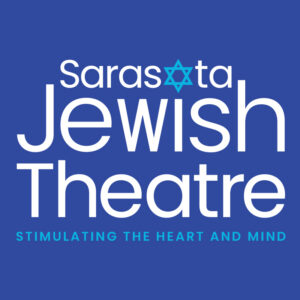 Sarasota Jewish Theatre logo featuring large blue text on a black background, with a turquoise Star of David replacing the “o” in Sarasota and the tagline “Stimulating the Heart and Mind” below.