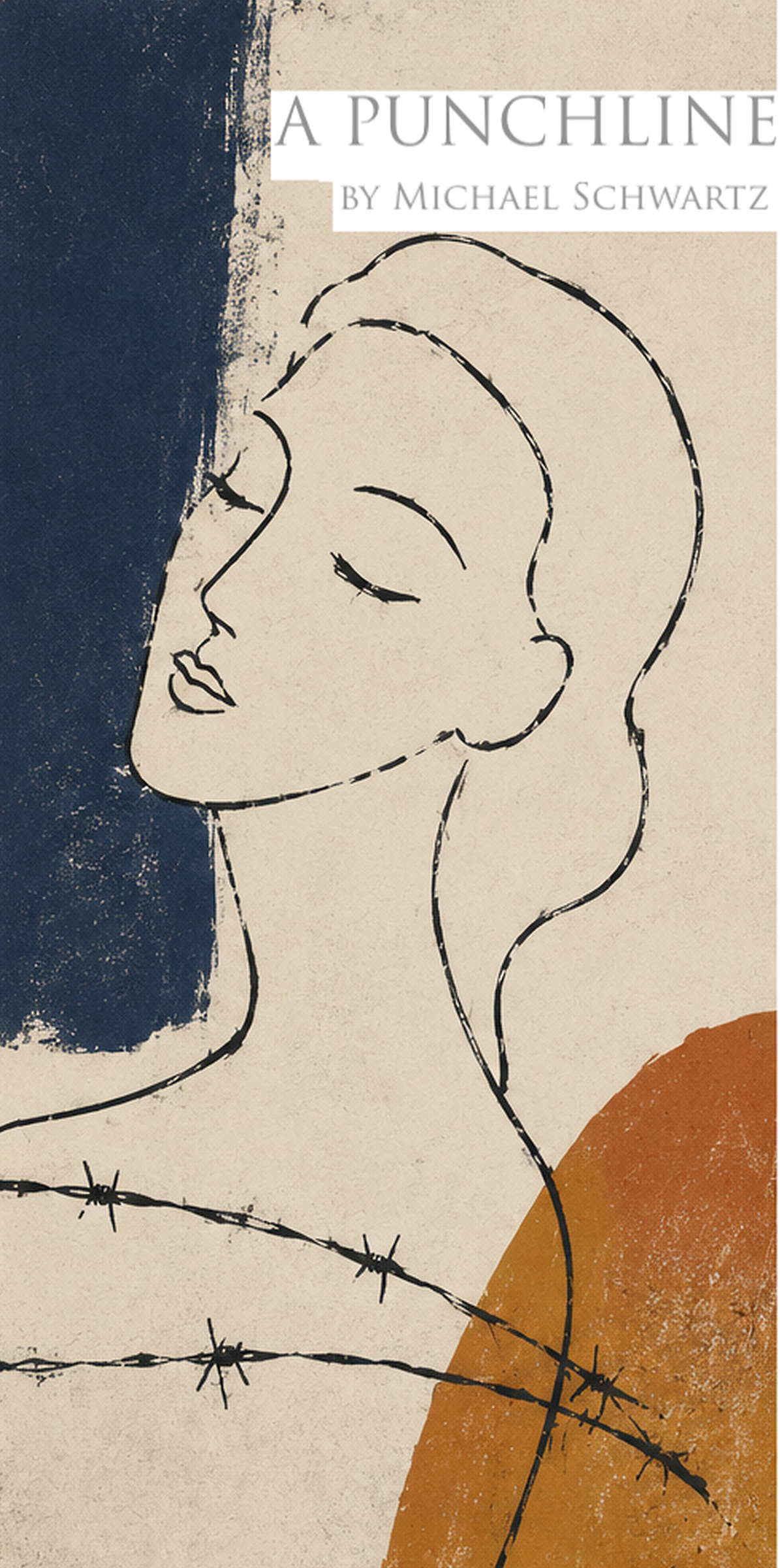 Poster for A Punchline by Michael Schwartz featuring a minimalist line drawing of a woman’s face with abstract textured shapes and barbed wire.