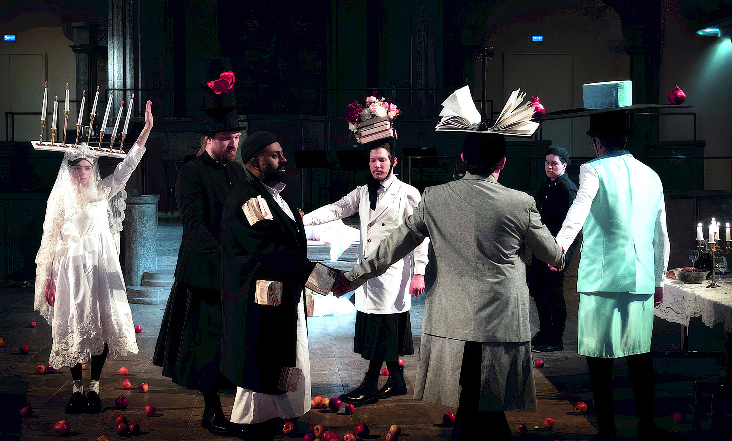 Cover of Jewish Theatre of the World: Igor Turin Photography, featuring a theatrical performance with actors in elaborate costumes and symbolic headpieces, including a menorah and open books, on a dimly lit stage scattered with red apples.